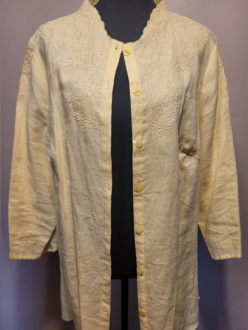 Lucy & Laurel 100% Linen Lagenlook  Button Up Womens 1X Tunic Top Butter Yellow